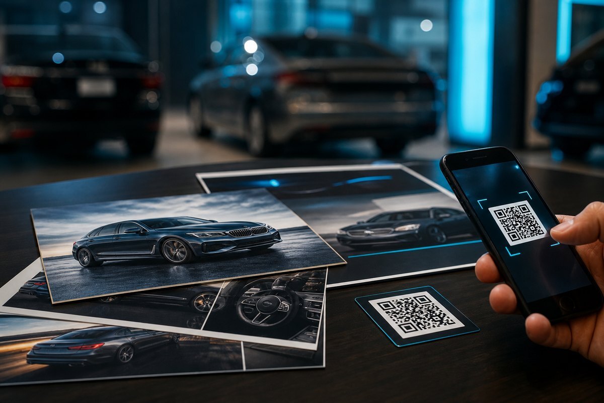 Printed dealership mailers and a QR code card being scanned by a phone