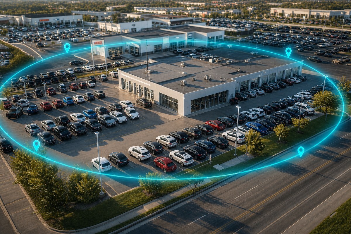 Digital geofence perimeter drawn around a dealership lot