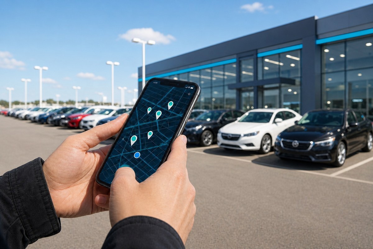 Car shopper searching for a local dealership on a phone map