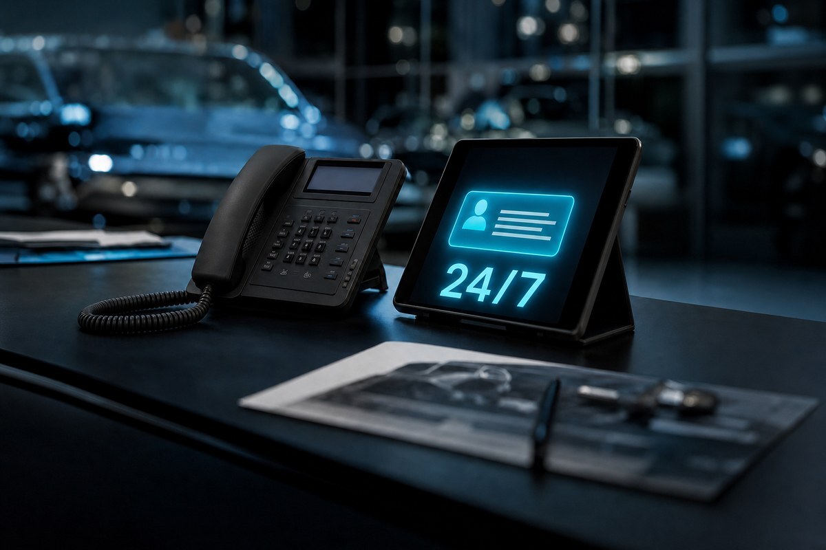 Dealership desk phone beside a tablet showing a new lead alert and 24/7 status