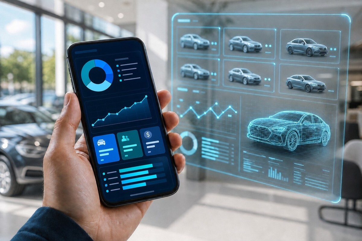 V-LOGIC mobile dashboard showing live inventory, lead and revenue data